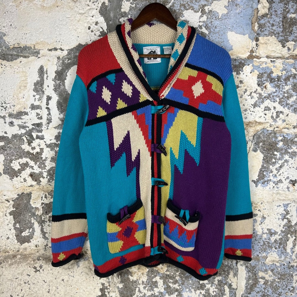 Vintage Storybook Knits Sweater Cardigan Large Geometric Southwestern Toggle